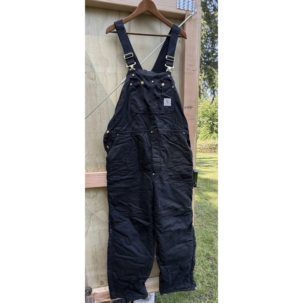 VTG 90s Carhartt Black Duck Canvas Quilt Lined Double Knee Bib Overalls 42x32